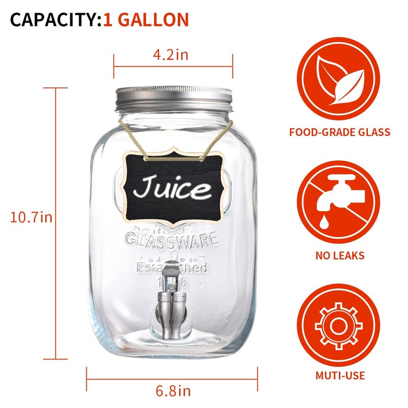 Eleganttime 1 Gallon Glass Drink Dispensers for Parties,2 Pack Beverage Dispenser with Fruit Infuser,Laundry Detergent Dispenser Punch Bowls Water Juice dispensers with Easy Flow Spigot for Outdoor - Image 2