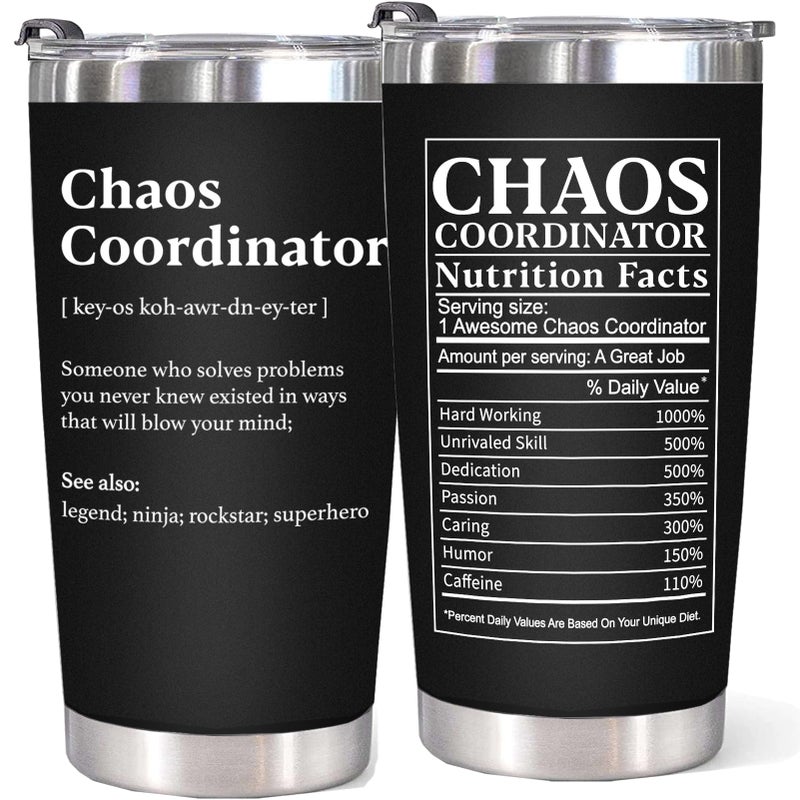 WECACYD Tank You Gifts for Women  20oz Black Chaos Coordinator Tumbler Cup  Teacher Appreciation Birthday Retirment Gift for Women Men Coworkers Boss Employee Office Nurse Principal Assistant