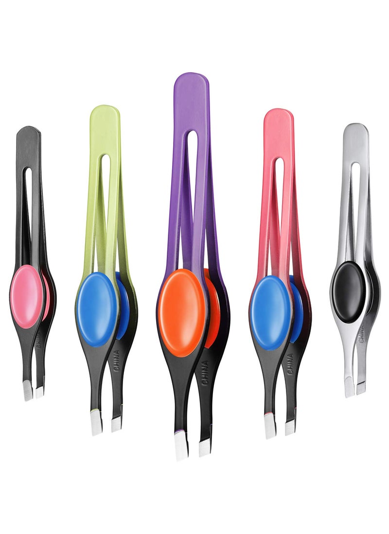 Chumia Chumia 5 Pieces Non-Slip Grip Tweezers Slanted Tip Stainless Steel Tweezer Wide Precision Tip Clip Tweezer for Ingrown Hair Eyebrow Shaping Splinter Blackhead Remover (Colorful Rubber Grip) 