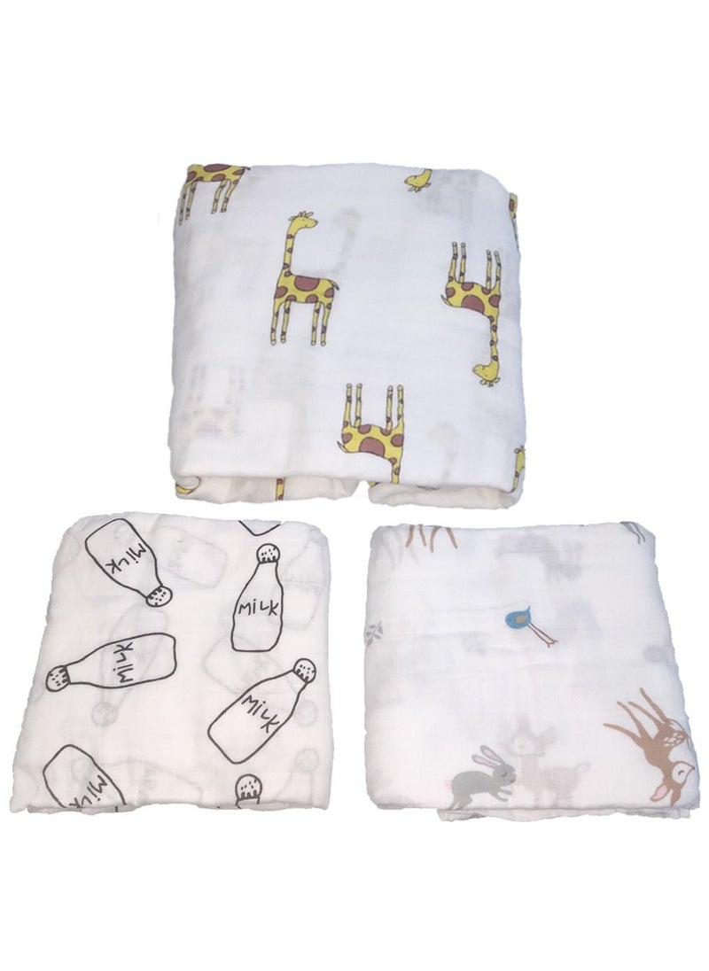 HomarKet 3-Pcs Baby Swaddle Blanket Unisex Wrap Soft Silky Muslin, Blanket For Boys And Girls Set Of 3- Giraffe/ Deer And The Rabbit/Black And White Milk Bottle  - Image 1
