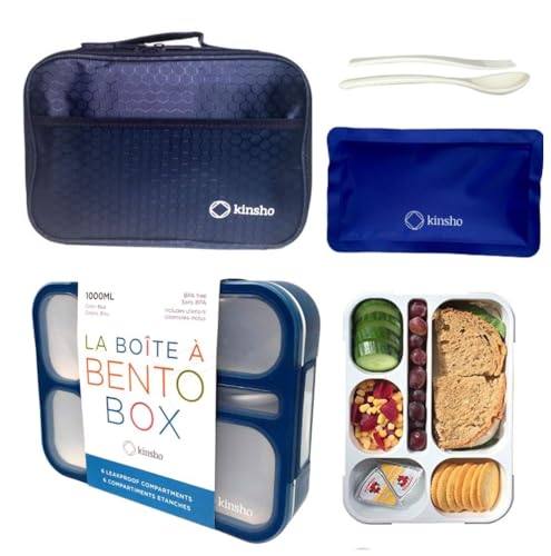 Bento Lunch Box with Insulated Bag and Ice Pack Set 6 LeakProof Compartments Containers for School Work Daycare Lunches Snacks Kids and Adults BPA Free Easy to Carry Durable Kits Navy Blue