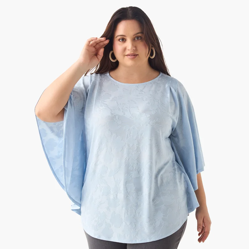 أولا بوبكن Plus Size Ulla Popken Textured Top with Round Neck and 3/4 Sleeves