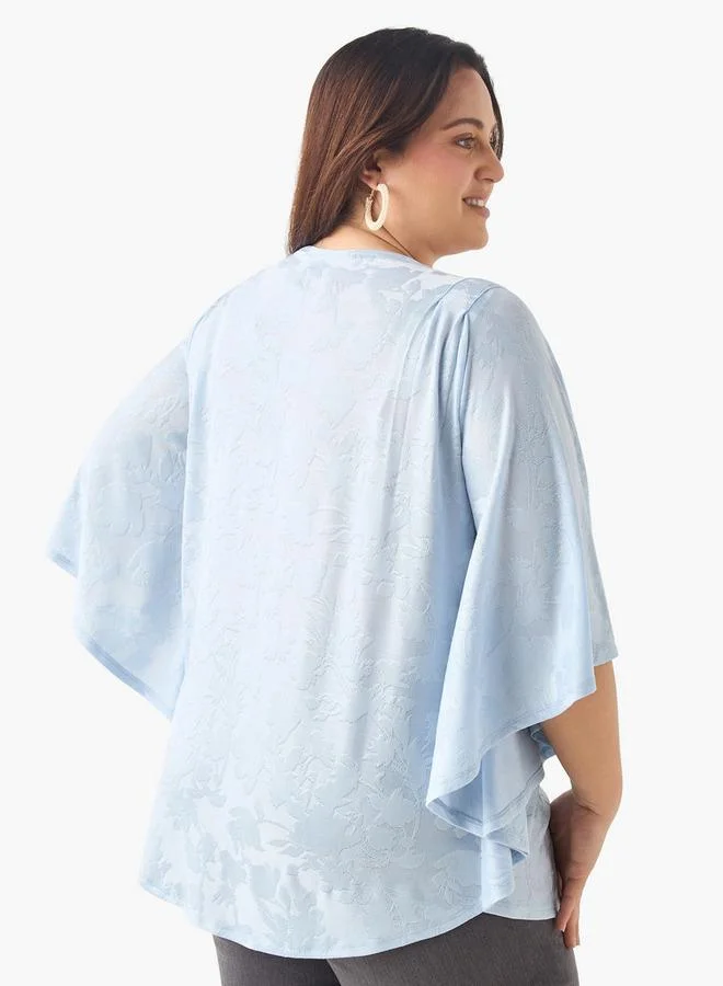 Ulla Popken Plus Size Ulla Popken Textured Top with Round Neck and 3/4 Sleeves