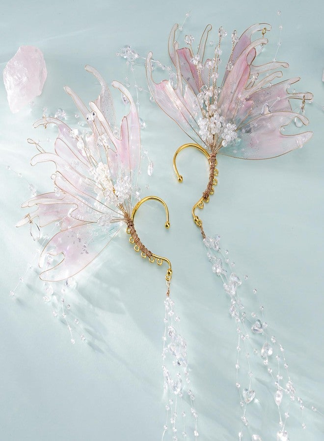 FRESHME Mermaid Elf Ear Cuffs - Pink Fairy Ear Cuffs No Piercing Elven Ear Clips Wrap with Bead Tassel Auricular Fins Earring Renaissance Renfaire Cosplay Mermaid Costume Accessories - Image 3