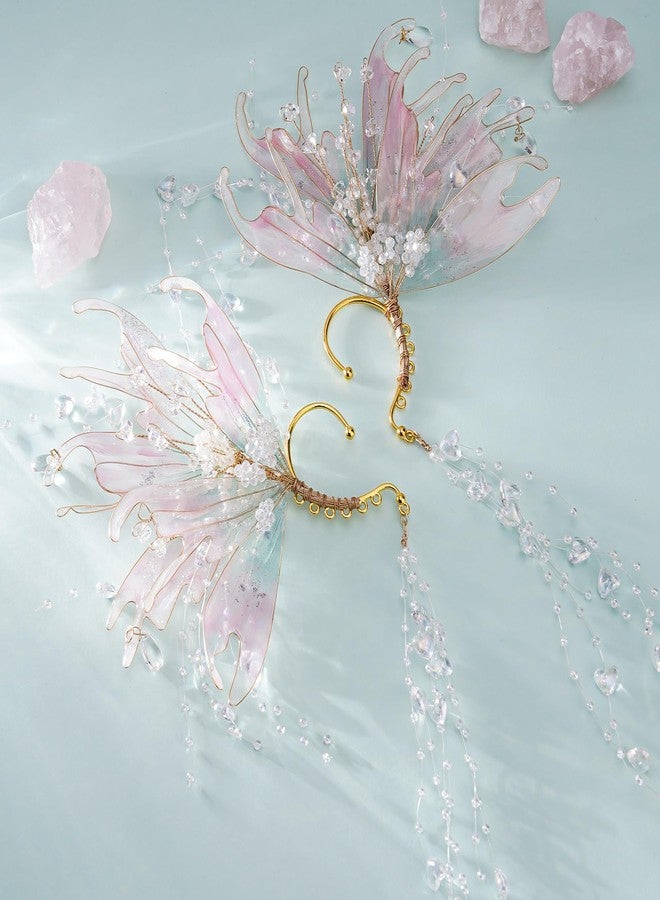 FRESHME Mermaid Elf Ear Cuffs - Pink Fairy Ear Cuffs No Piercing Elven Ear Clips Wrap with Bead Tassel Auricular Fins Earring Renaissance Renfaire Cosplay Mermaid Costume Accessories - Image 4