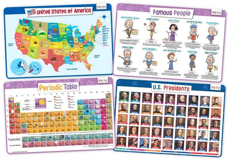 merka Periodic Table of Elements Placemat Set - 17 x 11 in, Multicolor, 4-Pack - Washable Silicone Learning Placemats for Kids Educational Dining & Kitchen Use - Includes US Map & President Info - Image 1