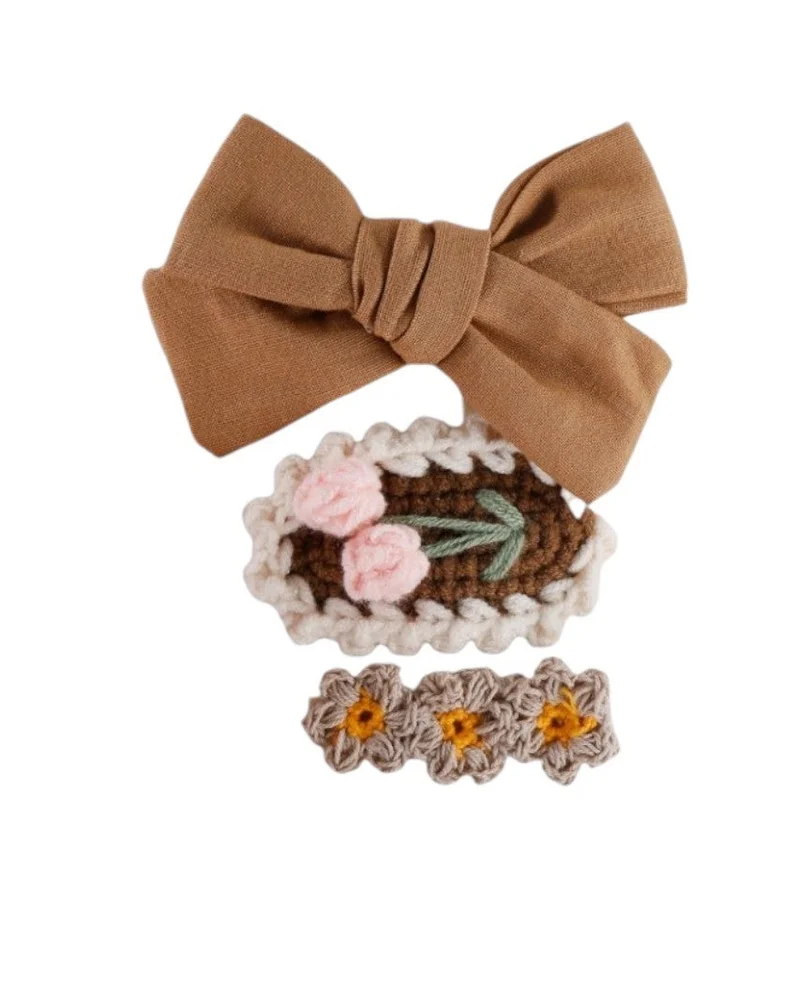 D'Daniela Angela Ribbon Bow Clip Set For Babies and Girls - Brown