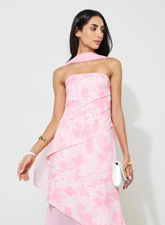 Styli Pink Graphic Print A-Line Midi Dress with Scarf