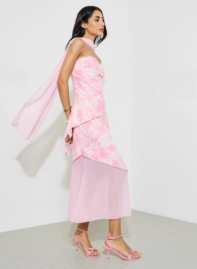 Styli Pink Graphic Print A-Line Midi Dress with Scarf