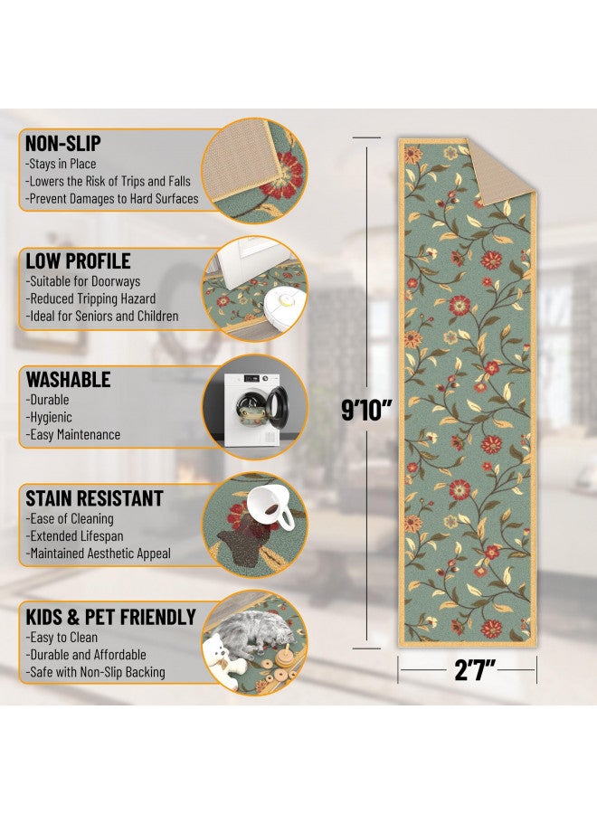Ottomanson Machine Washable Floral Leaves Design Non-Slip Rubberback 3x10 Traditional Runner Rug for Hallway, Kitchen, Bedroom, Living Room, 2'7" x 9'10", Seafoam Green - Image 1