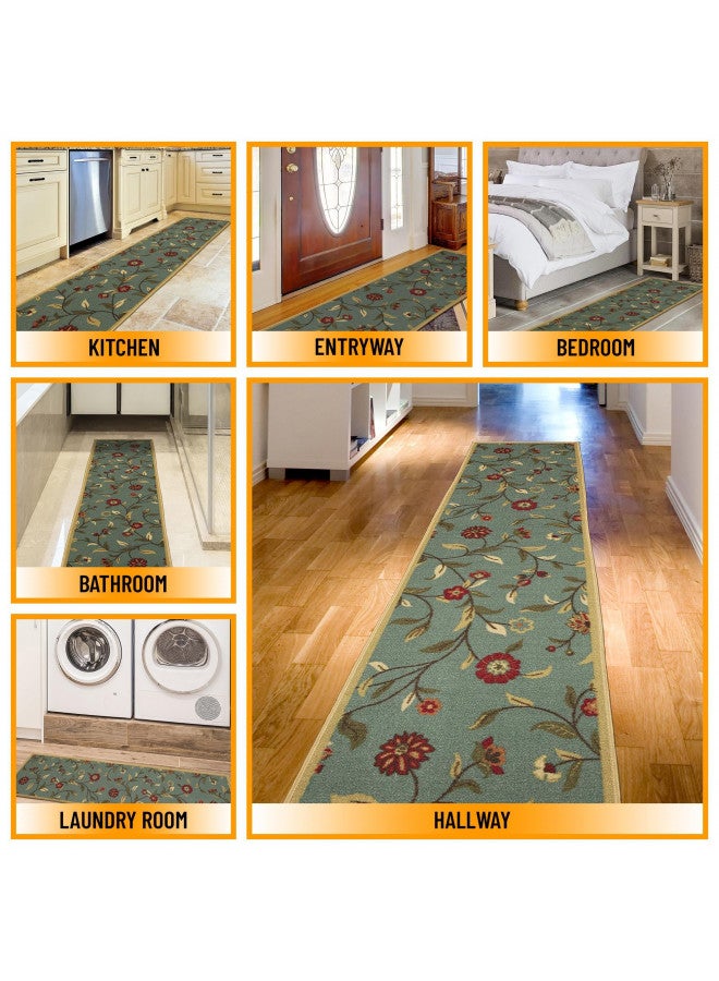 Ottomanson Machine Washable Floral Leaves Design Non-Slip Rubberback 3x10 Traditional Runner Rug for Hallway, Kitchen, Bedroom, Living Room, 2'7" x 9'10", Seafoam Green - Image 2