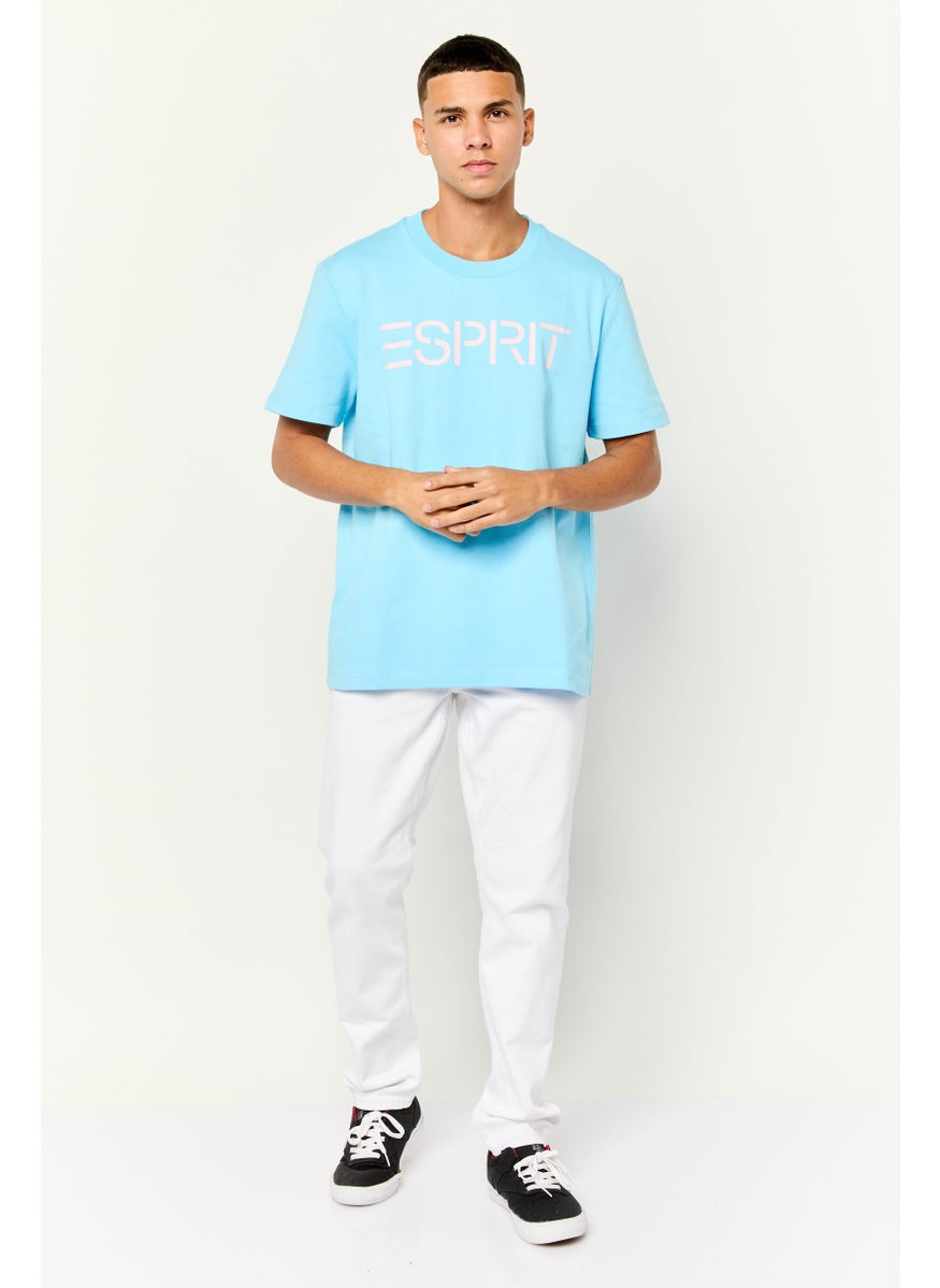 ESPRIT - Men Ribbed Collar Shorts Sleeve Brand Logo T-Shirt, Blue - Image 1