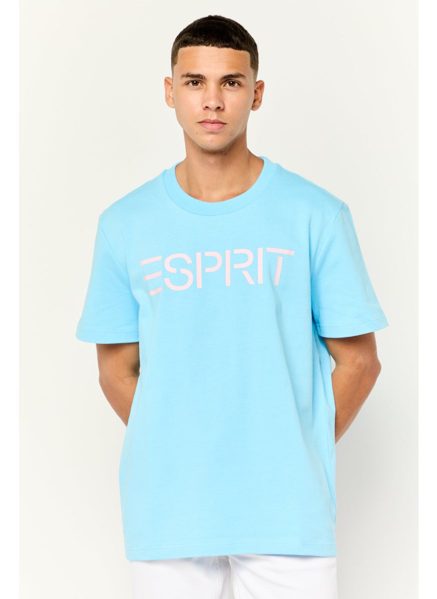 ESPRIT - Men Ribbed Collar Shorts Sleeve Brand Logo T-Shirt, Blue - Image 1