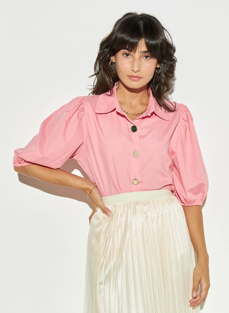 2Xtremz 2Xtremz Solid Shirt with Puff Sleeves and Embellished Button Detail