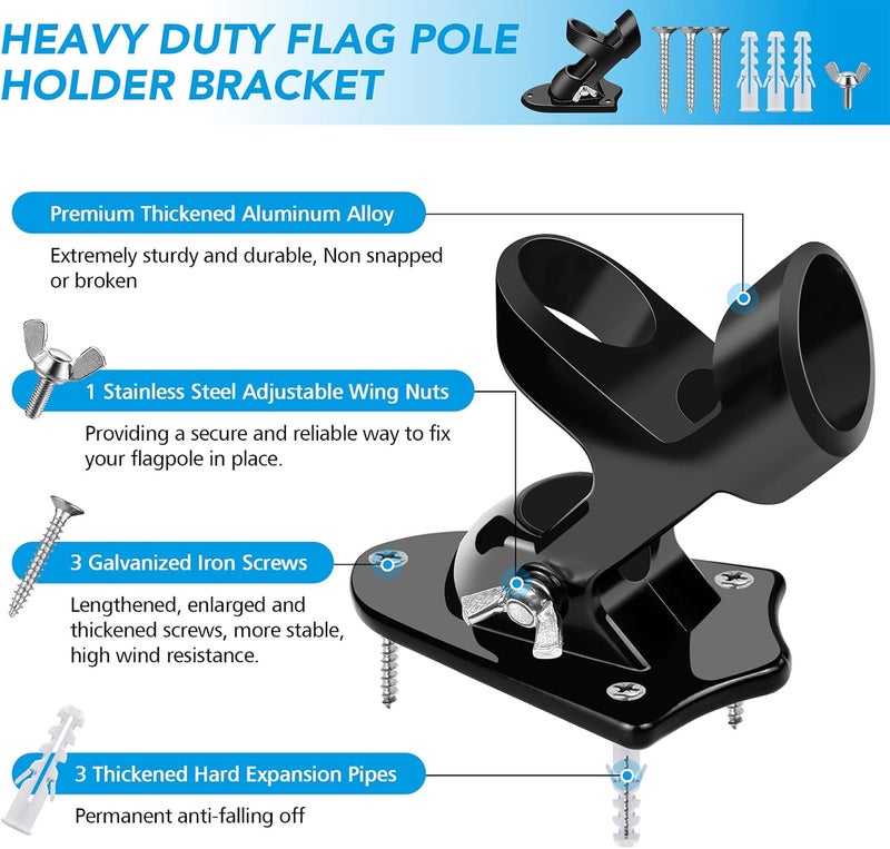 Hoople Flag Pole Holder, Heavy Duty 2PC Aluminium Alloy, Rust Free Coated, 1" Diameter, Wall Mount, Dual Position Design, Weather Resistant, 5 x 4 x 3 (Inch), Black - Image 2