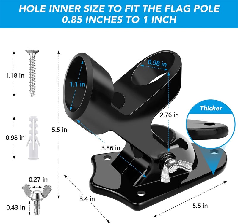Hoople Flag Pole Holder, Heavy Duty 2PC Aluminium Alloy, Rust Free Coated, 1" Diameter, Wall Mount, Dual Position Design, Weather Resistant, 5 x 4 x 3 (Inch), Black - Image 5