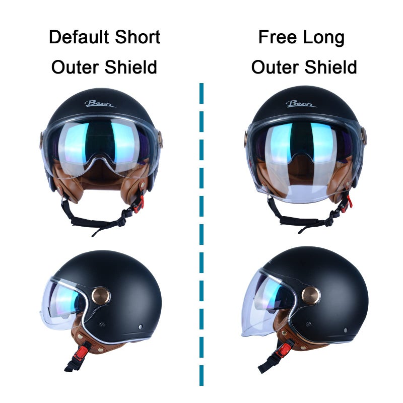 BEON Half 3/4 Face Motorcycle Helmet, DOT Approved, Retro Vintage Style, Dual Visors Menâ€™s and Womenâ€™s Motorbike Casco for Moped Cruiser Bobber and Chopper (XL, Matte Black) - Image 3