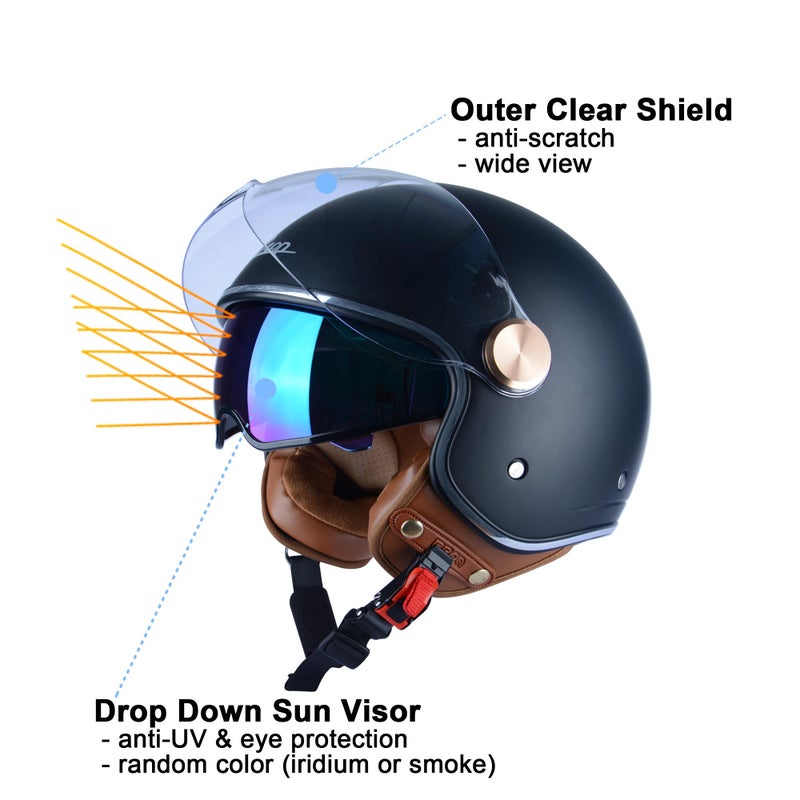 BEON Half 3/4 Face Motorcycle Helmet, DOT Approved, Retro Vintage Style, Dual Visors Menâ€™s and Womenâ€™s Motorbike Casco for Moped Cruiser Bobber and Chopper (XL, Matte Black) - Image 2