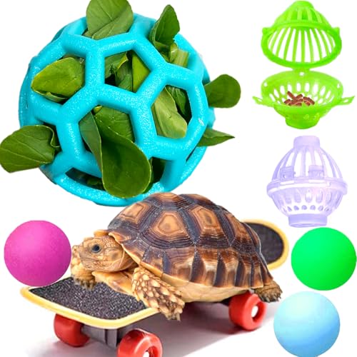 Fejapa 7 pcs Tortoise Treat Ball and Training Skateboard Toy Set Turtle Feeder Ball Funny Aquatic Turtle Enrichment Toys Aquarium Feed Toy Tortoise Feeding Balls Vegetable Grass for Small Animals - Image 1