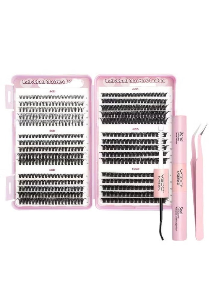 Professional Individual Cluster Lashes Kit 30D-100D - DIY Eyelash Extensions with Bond, Seal, and Tweezers - Mixed Lengths 8-16mm - Image 1