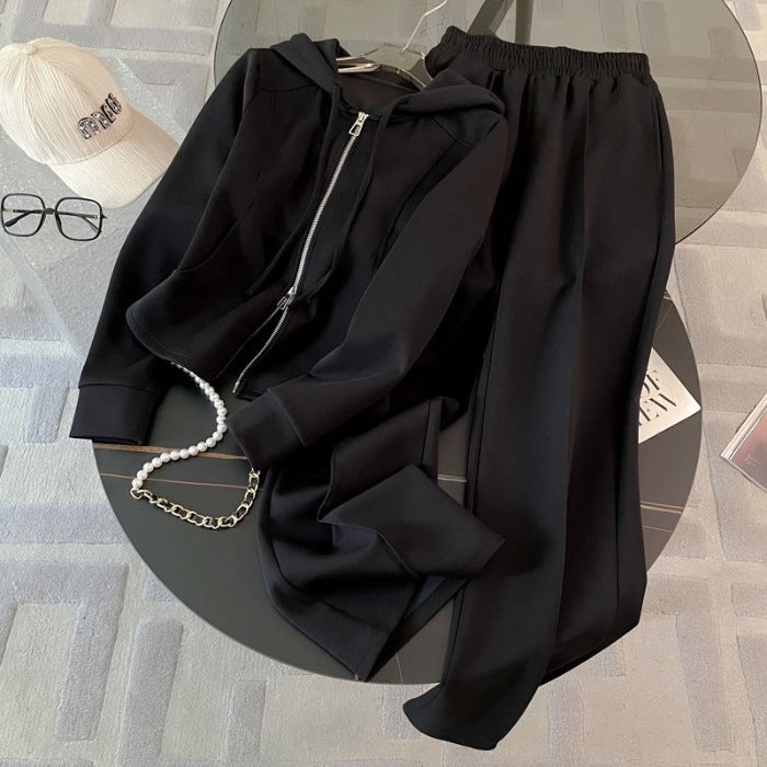 Autumn and Winter Slimming Mint Mambo Style suit Street Womens Hooded Sweatshirt High Waist Wide Leg Pants Casual Two-piece Set for Women Black*889 - Image 1