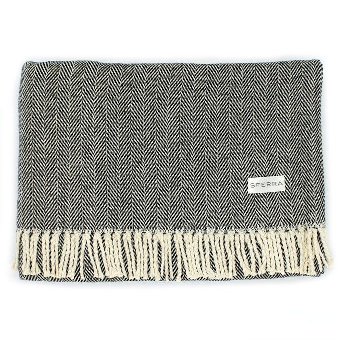 CELINE HERRINGBONE 100 COTTON THROW BLANKET BLACK