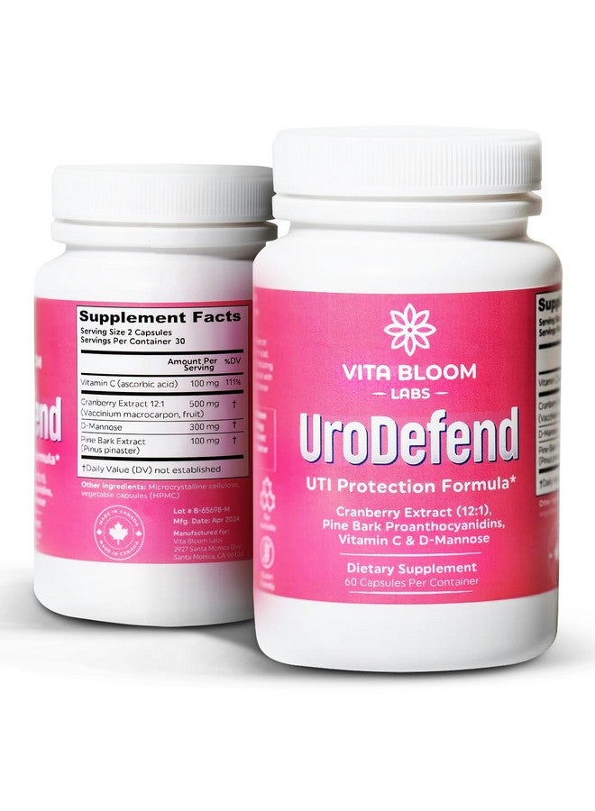 Generic Vita Bloom Labs UroDefend UTI Protection Formula | Cranberry PACs | Physician Formulated | Additive Free + Gluten Free | Cranberry Extract, Pine Bark Extract, D Mannose, Vitamin C | 60 Capsules  - Image 1
