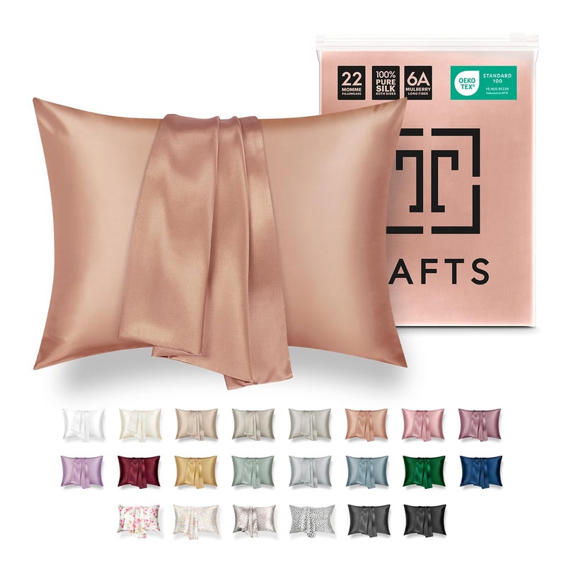 Tafts Silk Pillow Case  22mm 100 Pure Mulberry 6A Silk Pillowcase for Hair  Skin with Zipper Closure Cooling Natural Organic Double Sided Pillow Case Rose Gold Queen 20x30 1pc