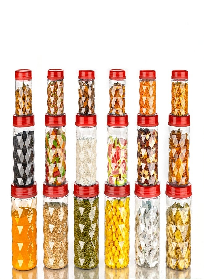 Tosaa Plastic Pet Storage Jar and Container Set of 18 (6 x 120ml, 6 x 650ml, 6 x 1.20ltrs), Red, Air Tight, Kitchen Organiser, BPA Free, Stackable - Image 1
