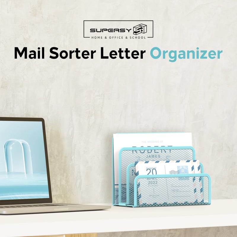 SUPEASY Mail Organizer for Desk, Mesh Metal Mail Holder Countertop with 3-Slot, Letter Sorter File Holder, Office Envelope Organizer for Mails (Blue) - Image 2