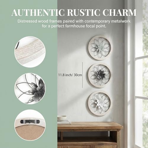 AIM & GGKK AIM GGKK 3 Piece Round Farmhouse Wall Decor Set with Interchangeable Metal Flower 12 Inch Rustic Wall Art for Living Room Kitchen Dining Room Bedroom Modern Farmhouse Style - Image 3