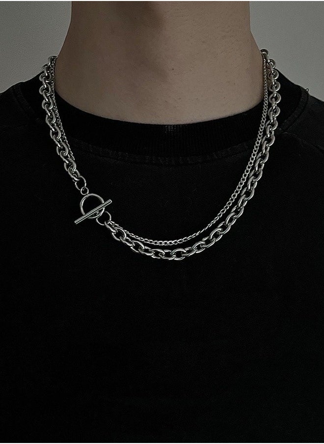 INS Trendy Titanium Steel Double-layer Collarbone Chain Designed For Men's Niche, Geometric Ot Buckle Necklace, Personalized Hip-hop Style, Versatile Accessories That Do Not Fade, Adjustable 47-50cm  - Image 1