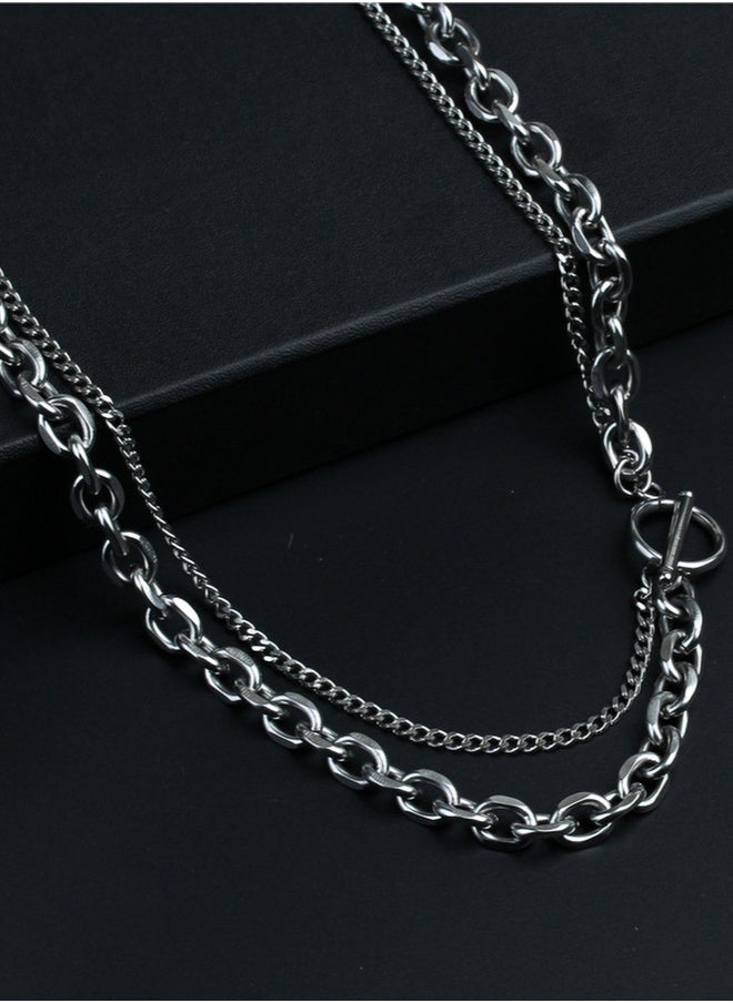 INS Trendy Titanium Steel Double-layer Collarbone Chain Designed For Men's Niche, Geometric Ot Buckle Necklace, Personalized Hip-hop Style, Versatile Accessories That Do Not Fade, Adjustable 47-50cm  - Image 4