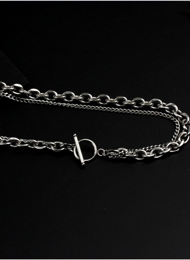 INS Trendy Titanium Steel Double-layer Collarbone Chain Designed For Men's Niche, Geometric Ot Buckle Necklace, Personalized Hip-hop Style, Versatile Accessories That Do Not Fade, Adjustable 47-50cm  - Image 5