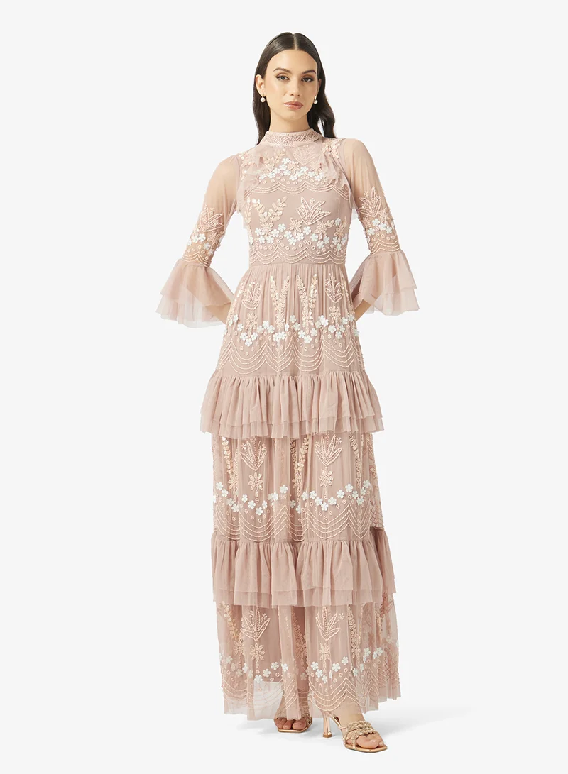 Glittered Ruffle Sleeve Maxi Dress