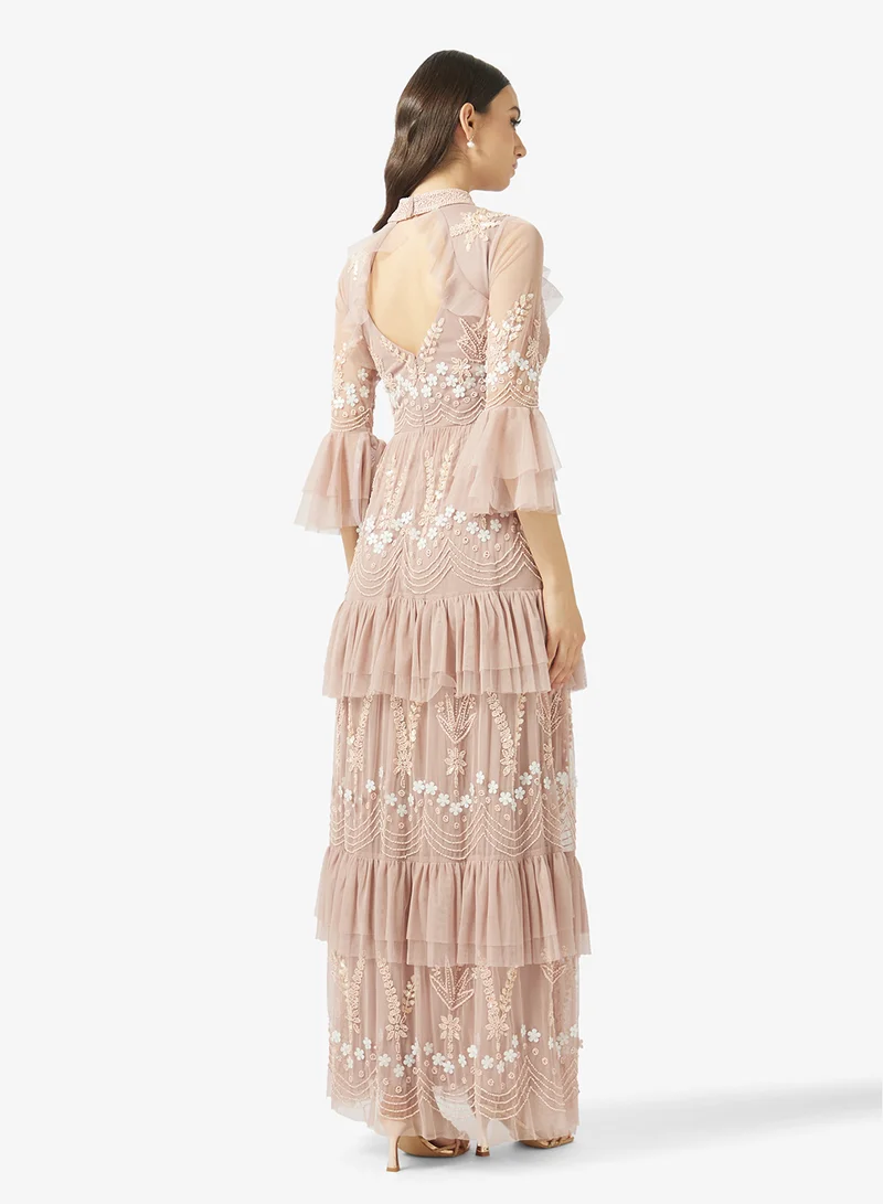 Frock and Frill Glittered Ruffle Sleeve Maxi Dress