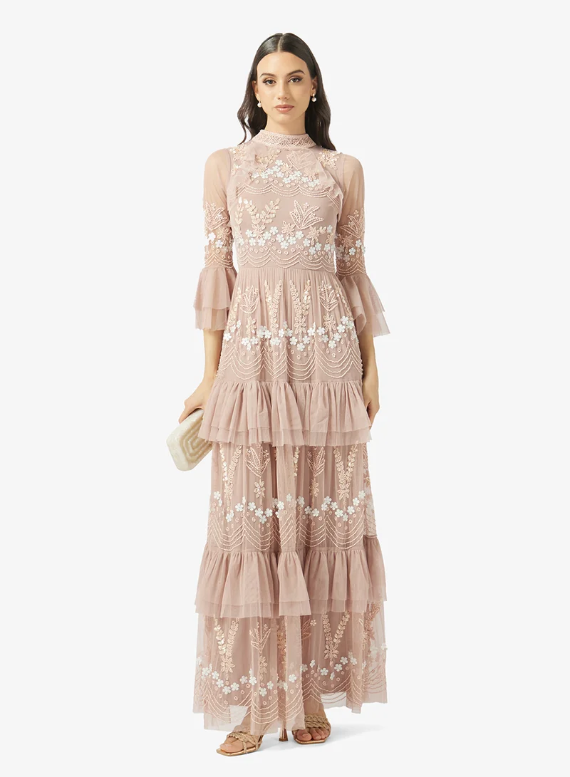 Frock and Frill Glittered Ruffle Sleeve Maxi Dress