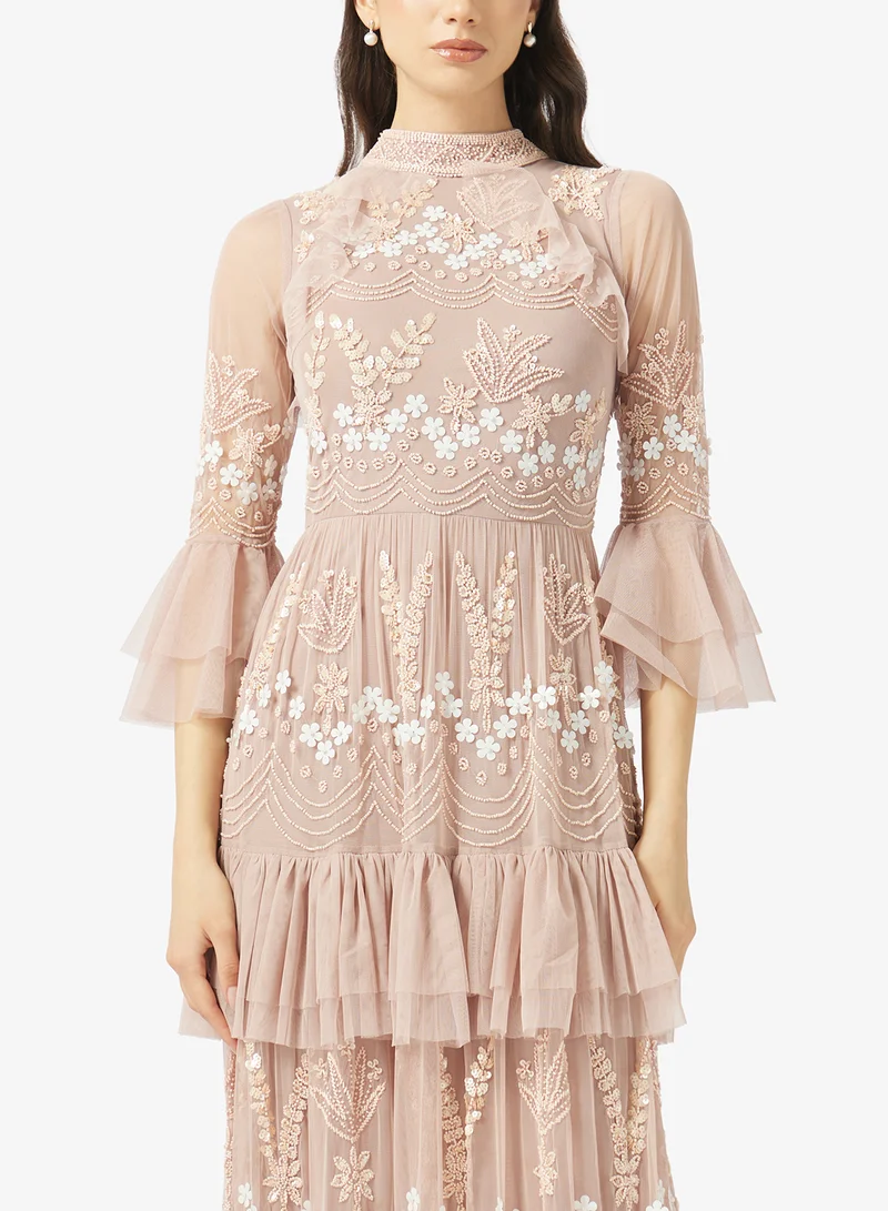 Frock and Frill Glittered Ruffle Sleeve Maxi Dress