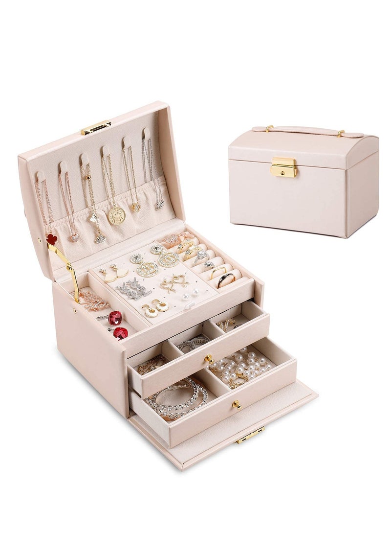 Zikra Jewelry Box Organizer for Women Girls Wife Ideal Gift, Senior PU Leather 3 Layer Medium-Sized with Lock Portable Travel Jewelry Case for Earrings Bracelets Rings-Light - Image 1