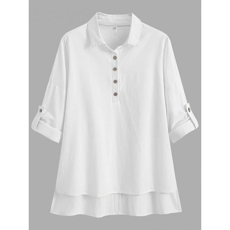 Women's Solid Color Long Sleeve Turn-down Collar Blouse with Roll-up Sleeves - Image 4
