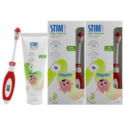 STIM Junior Baby Toothpaste | Safe to Swallow | 6–36 Months | Grape Flavoured | Fluoride & SLS Free Training paste | Enriched with Xylitol & Vit E | For Milk Teeth (Combo pack with toothbrush) (Pack of 2) - Image 1