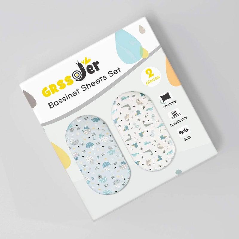 GRSSDER Stretchy Ultra Soft Fitted Bassinet Sheet Set 2 Pack, Universal Fit for Bassinets Baby Cradle Moses Basket Oval Rectangle Pad/Mattress, Happy Dinosaurs Bassinet Sheets for Girls and Boys - Image 2