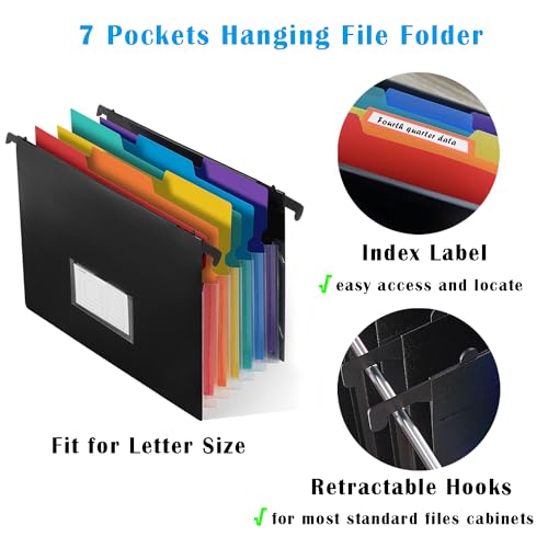 TRANBO 7-Pockets Hanging File Folder with Retractable Hooks for Filing Cabinet, Letter Size Expandable Accordion File Organizer with Elastic Band for File Frame or On-The-Go Use (3 Pack) - Image 4