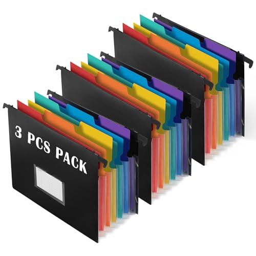 TRANBO 7-Pockets Hanging File Folder with Retractable Hooks for Filing Cabinet, Letter Size Expandable Accordion File Organizer with Elastic Band for File Frame or On-The-Go Use (3 Pack) - Image 1
