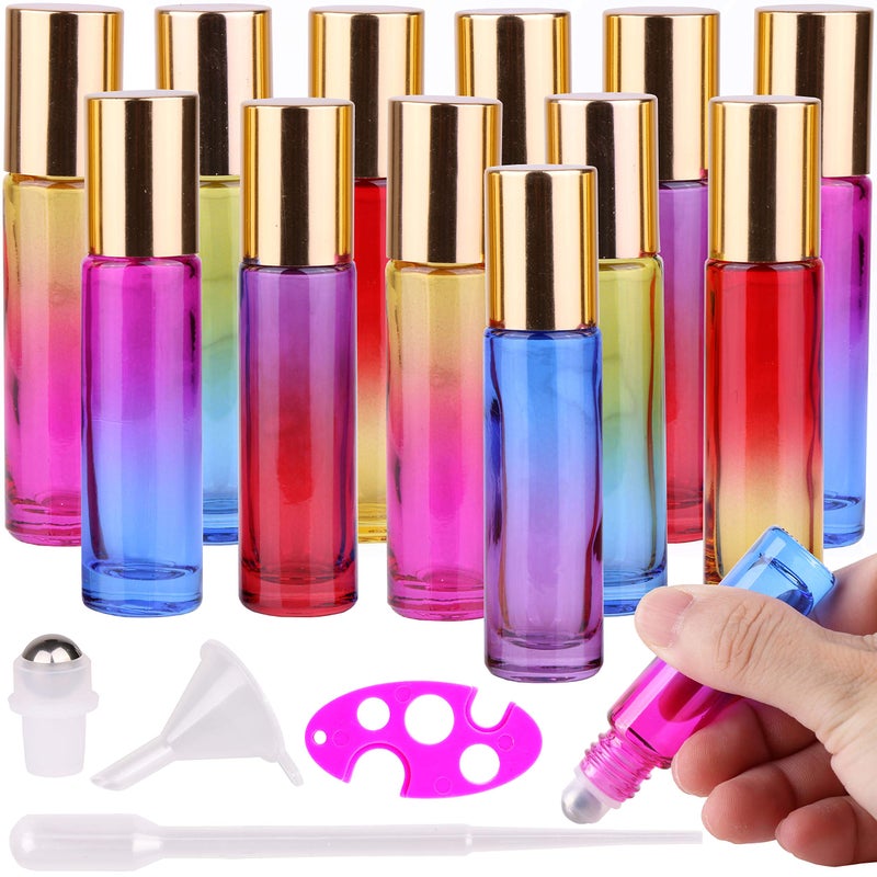 inice 12 PackRoller Bottles Gradient Color Glass Bottle for Essential Oils Applicator10ml Roll on Bottle with Golden Metal Cap for Daily Care