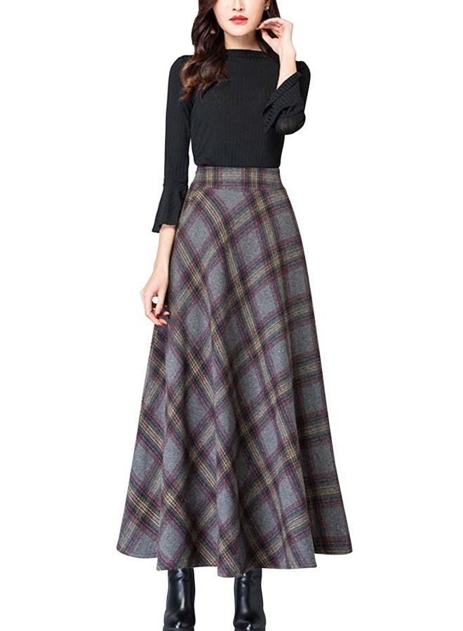 ebossy Women's Vintage High Waist Wool Blend Plaid A-Line Long Maxi Skirt with Pocket (Medium, Plaid Grey) - Image 2