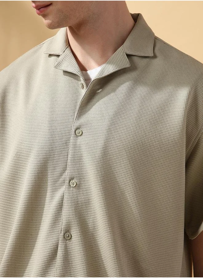 Dennis Lingo Sage 100 % Poly Textured Pattern Relaxed Fit Shirts for Men with Cuban Collar Neckline Half Sleeves Regular Length Upper Body Wear Button Down Button Closure Woven Weave - Perfect for Lifestyle Occasions