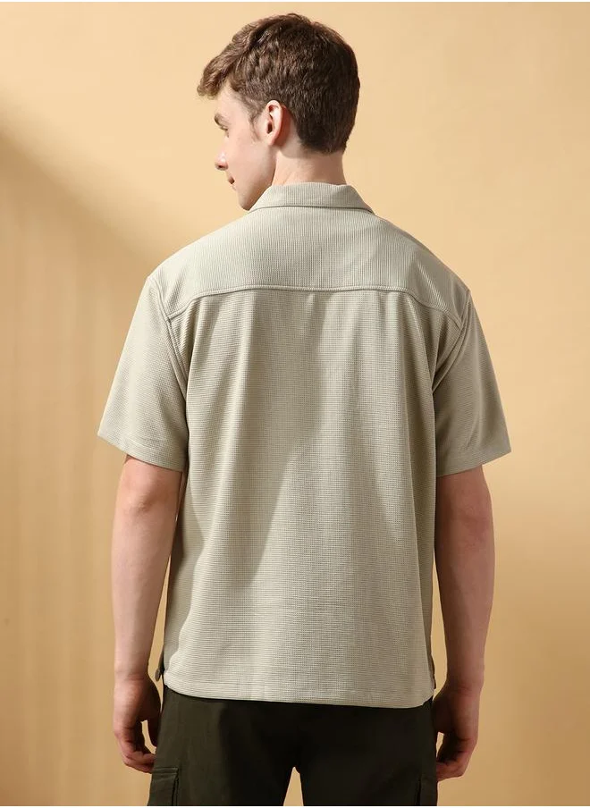 Dennis Lingo Sage 100 % Poly Textured Pattern Relaxed Fit Shirts for Men with Cuban Collar Neckline Half Sleeves Regular Length Upper Body Wear Button Down Button Closure Woven Weave - Perfect for Lifestyle Occasions