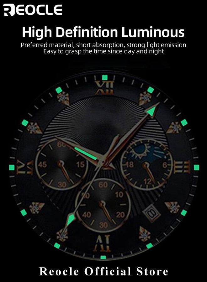 ريوكل ساعة كوارتز رجالية فاخرة كاجوال بحزام جلدي ومينا من الفولاذ المقاوم للصدأ ومقاومة للماء بأرقام رومانية وكرونوغراف وتاريخ - Image 5