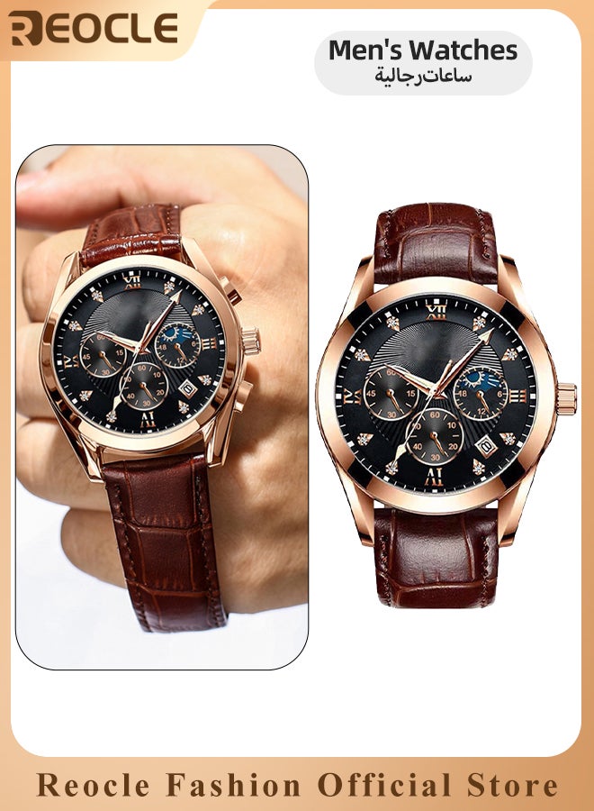 ريوكل ساعة كوارتز رجالية فاخرة كاجوال بحزام جلدي ومينا من الفولاذ المقاوم للصدأ ومقاومة للماء بأرقام رومانية وكرونوغراف وتاريخ - Image 2
